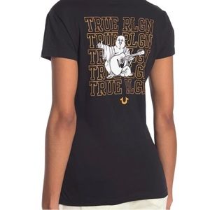 True Religion Black Buddha Love Slim Rhinestones V Neck